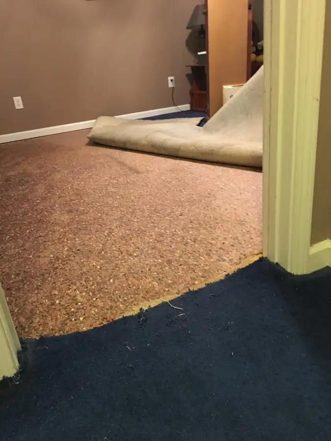 Carpet pad removal revealing water damage during Drying & Dehumidification in Lake Arrowhead